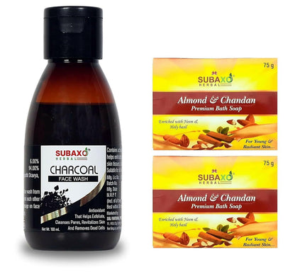 Subaxo Herbal Almond (75 gm Each, Pack Of 2) & Charcoal Herbal Anti Pollution Deep Cleansing Face Wash (100ml,Combo) - HalfPe