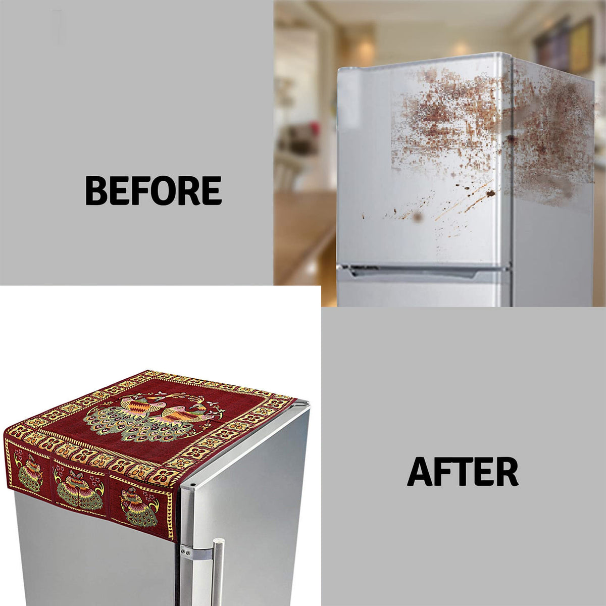 Cotton Fridge Top Cover Set - Standard Appliance Covers Fridge Dustproof Cover With Peacock Deign 6 Utility Side Pockets Fridge Cover For All Types Fridge Refrigerator Use (100x60cm)