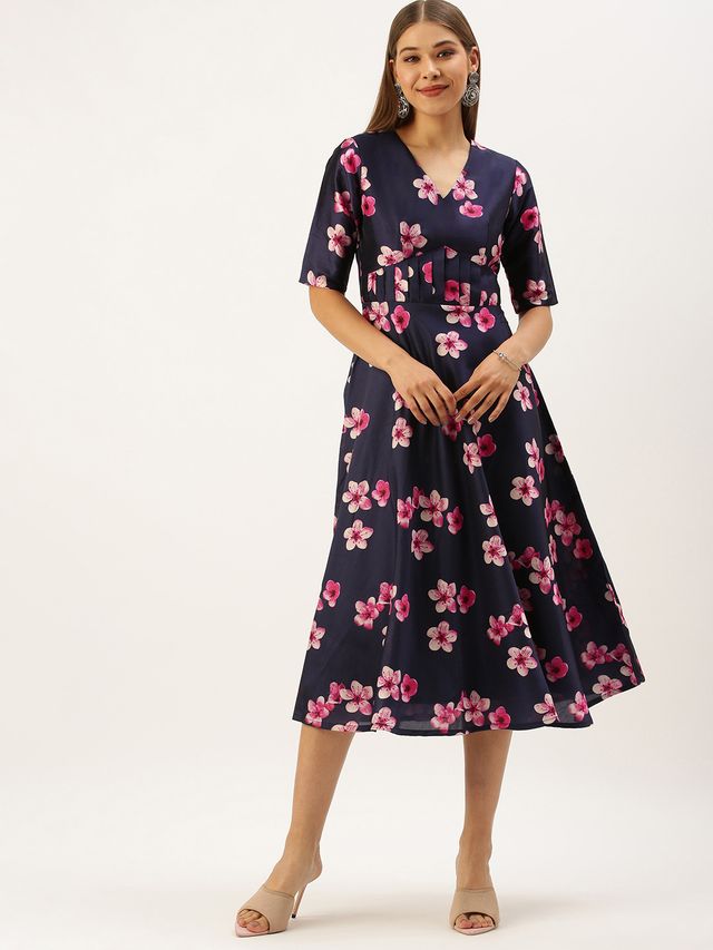 Bollywood Vogue Ready To Wear Blue Printed Art Silk Fit And Flare Dress