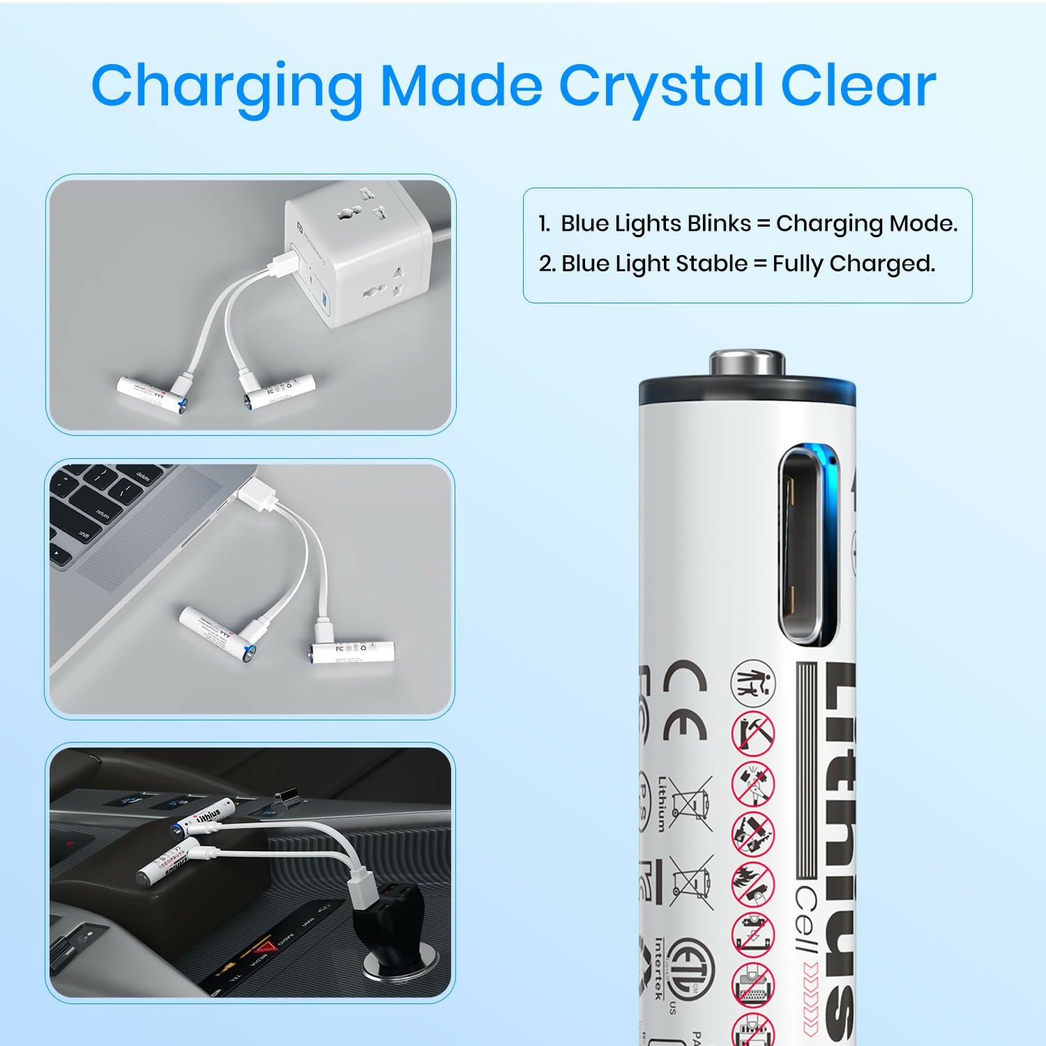 Portronics AAA Lithius Type-C Rechargeable Batteries Pack of 2 | Lithium-Ion, 440mAh, 1.5V, Low Self-Discharge, White