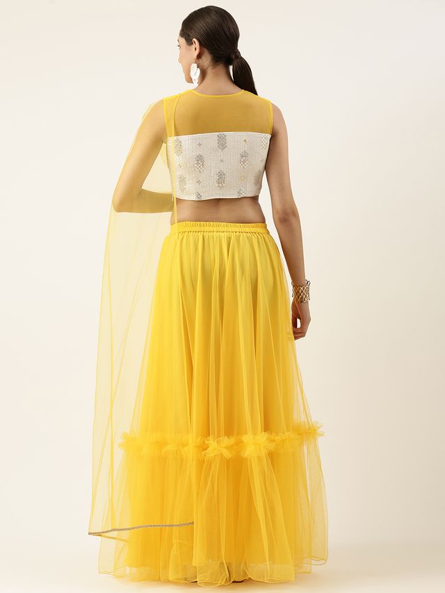 Bollywood Vogue Ready To Wear White Chinon Embroidered Lehenga Set