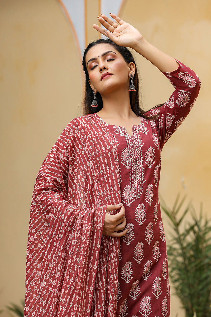 Burgundy Rayon Blend Straight Suit Set