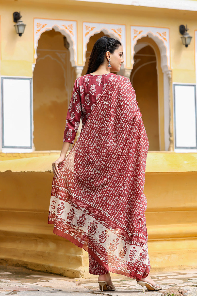Burgundy Rayon Blend Straight Suit Set