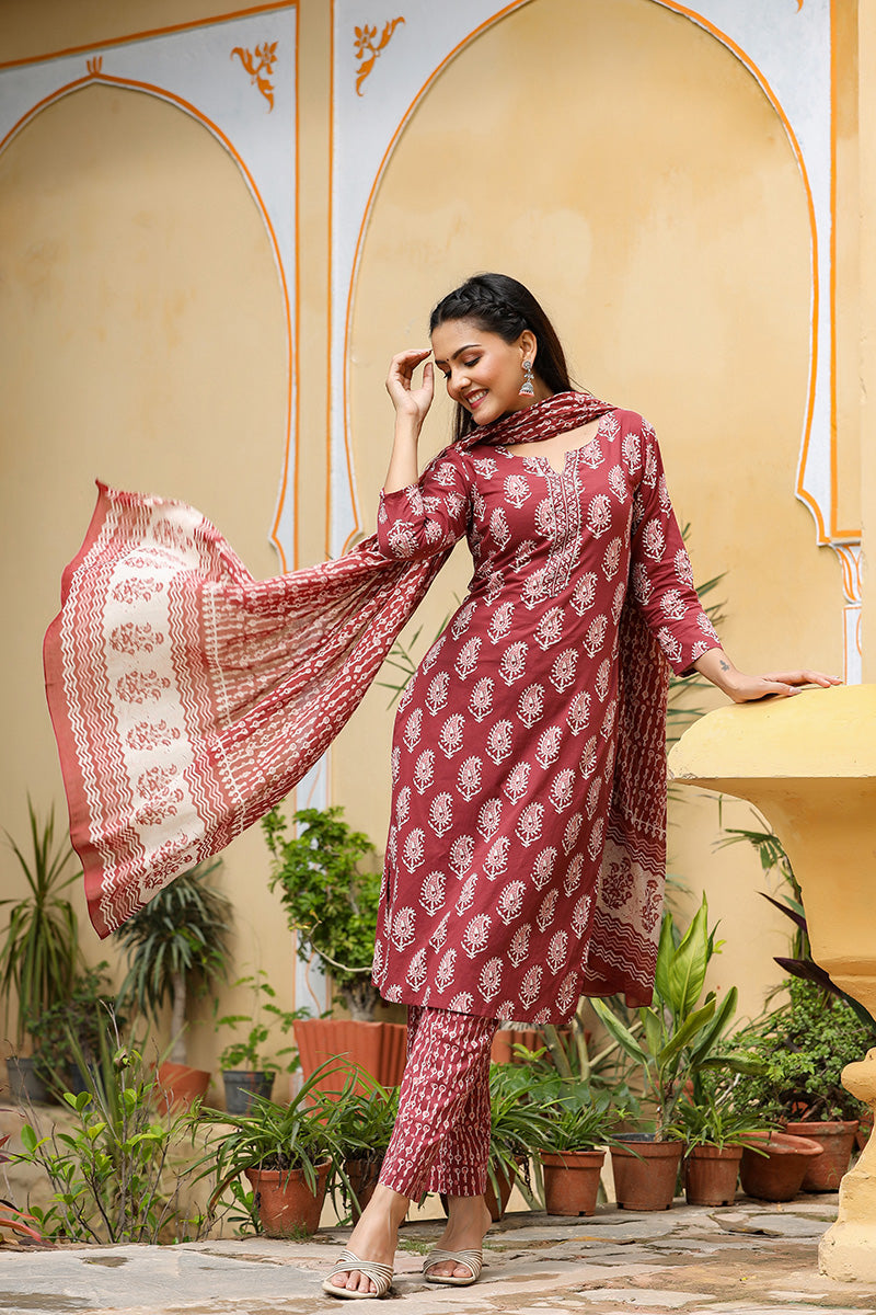 Burgundy Rayon Blend Straight Suit Set