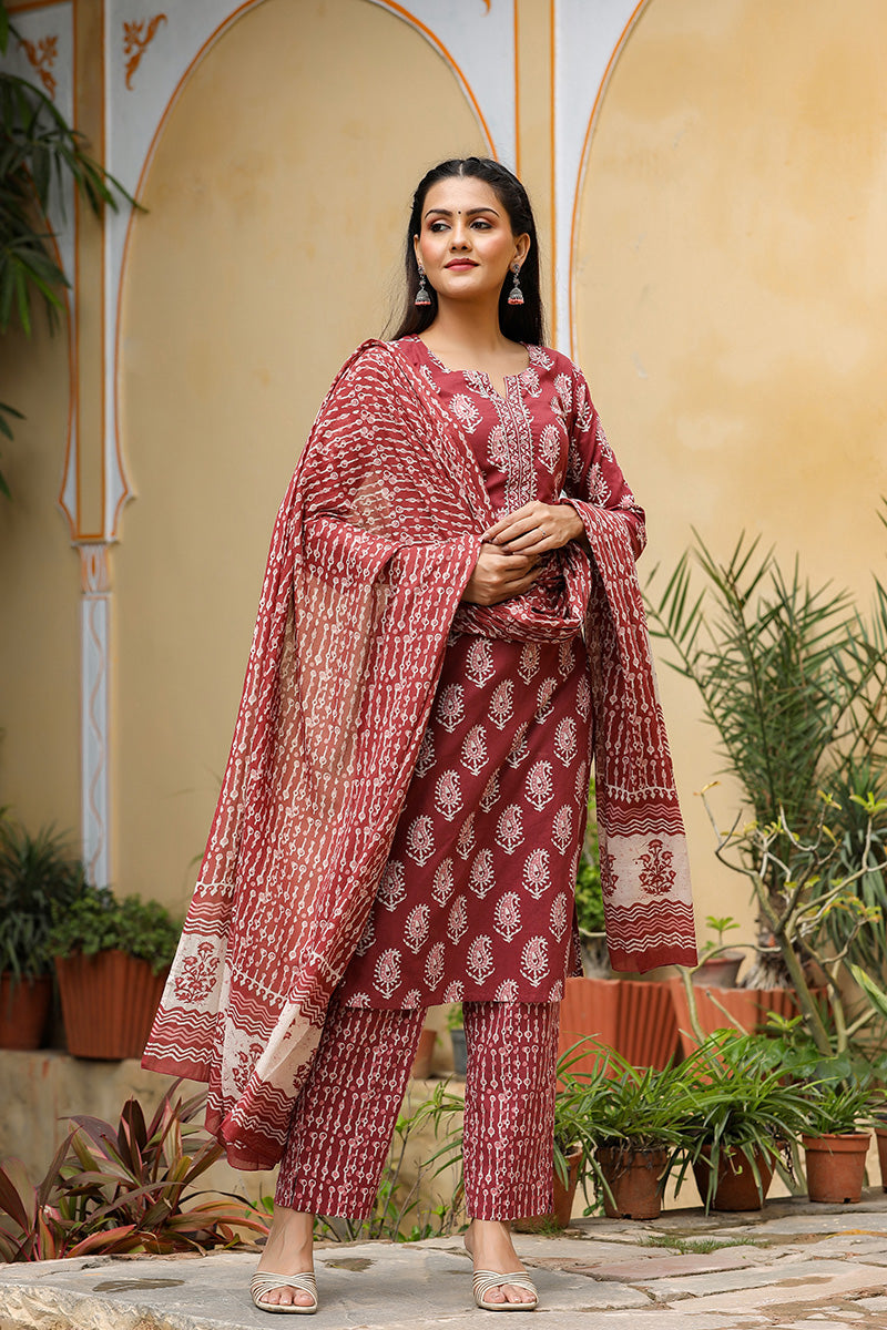 Burgundy Rayon Blend Straight Suit Set
