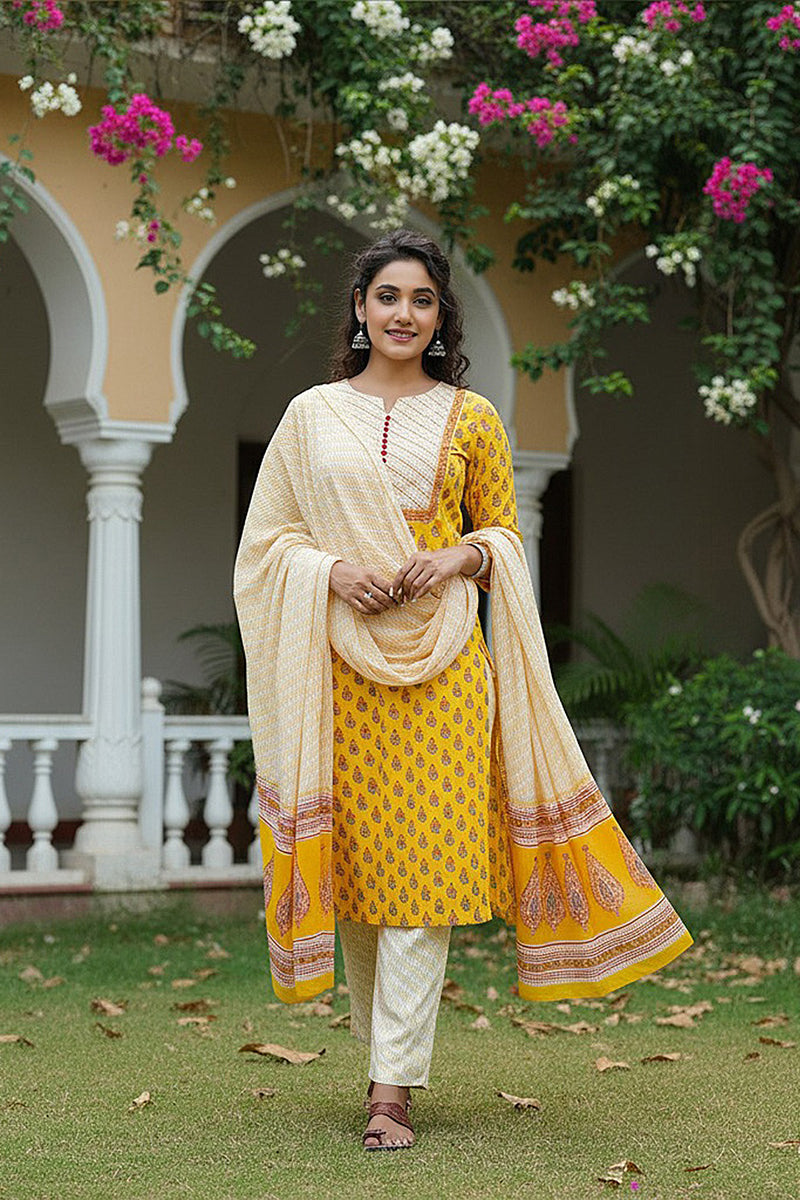 Yellow Rayon Blend Straight Suit Set