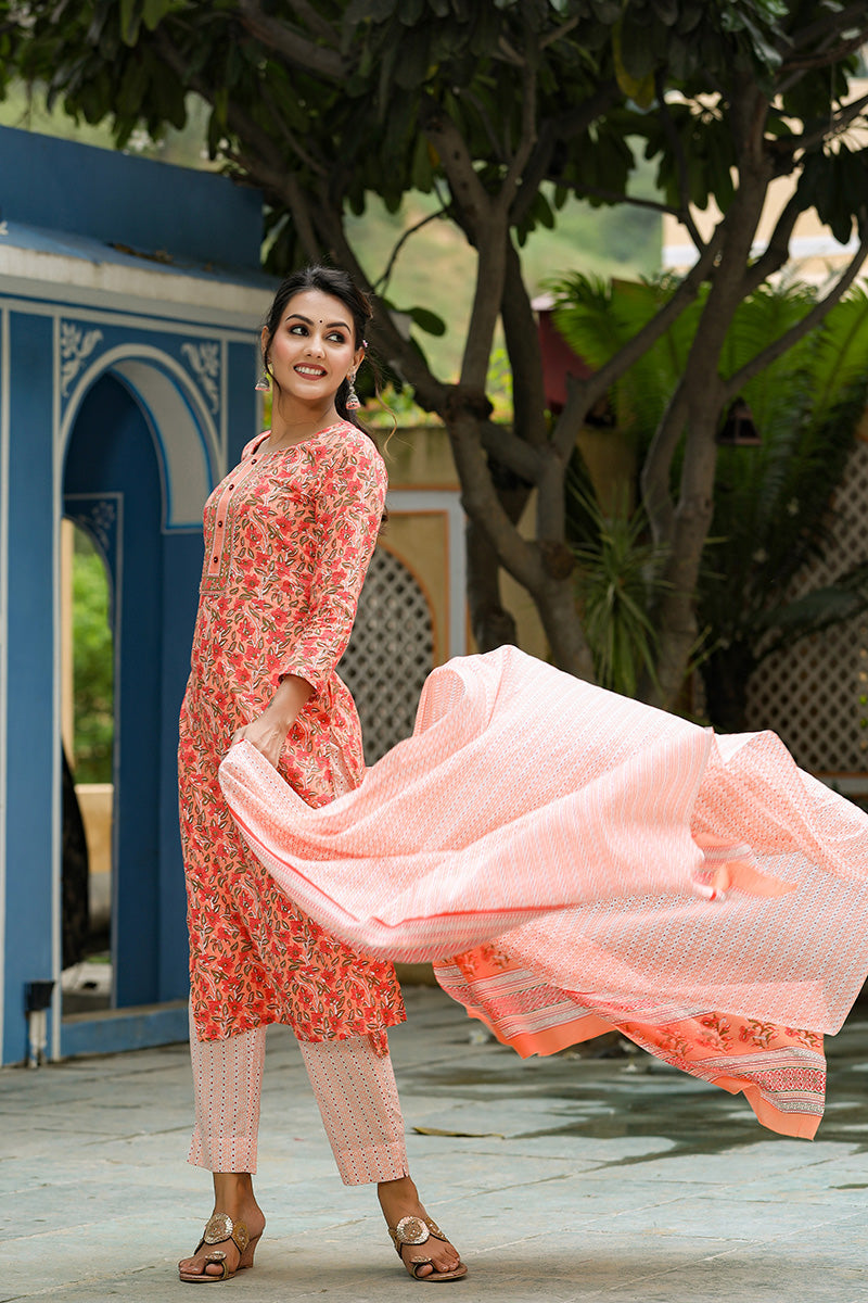 Peach Rayon Blend Ethnic Motifs Print Suit Set