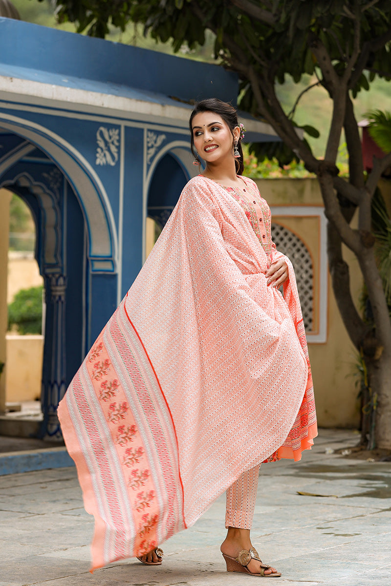 Peach Rayon Blend Ethnic Motifs Print Suit Set