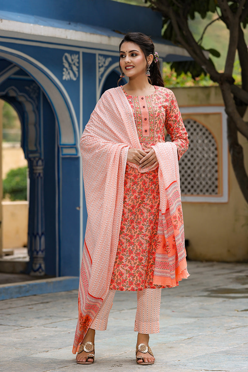 Peach Rayon Blend Ethnic Motifs Print Suit Set