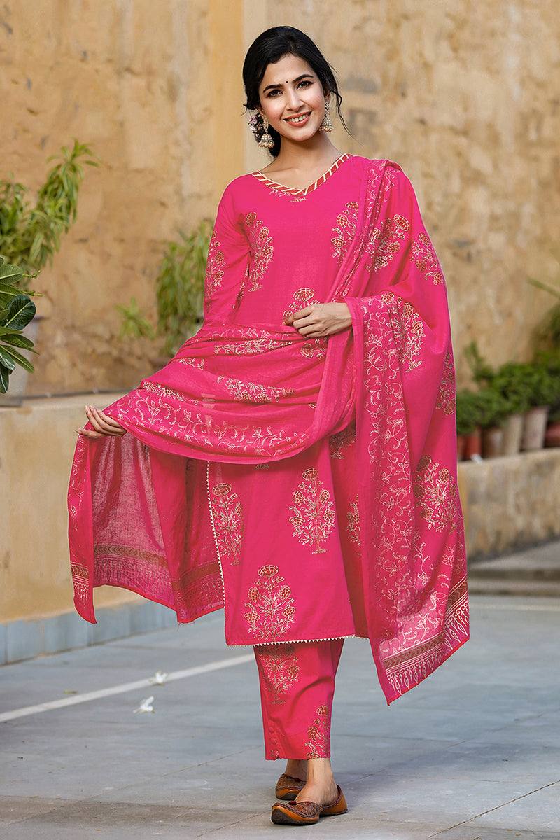 Pink Cotton Straight Suit Set