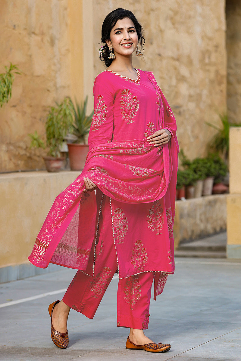 Pink Cotton Straight Suit Set
