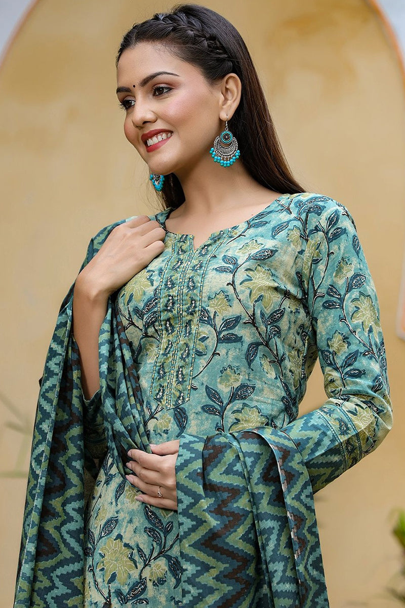 Rayon Blend Teal Ethnic Motifs Printed Straight Kurta Palazzo Dupatta Set