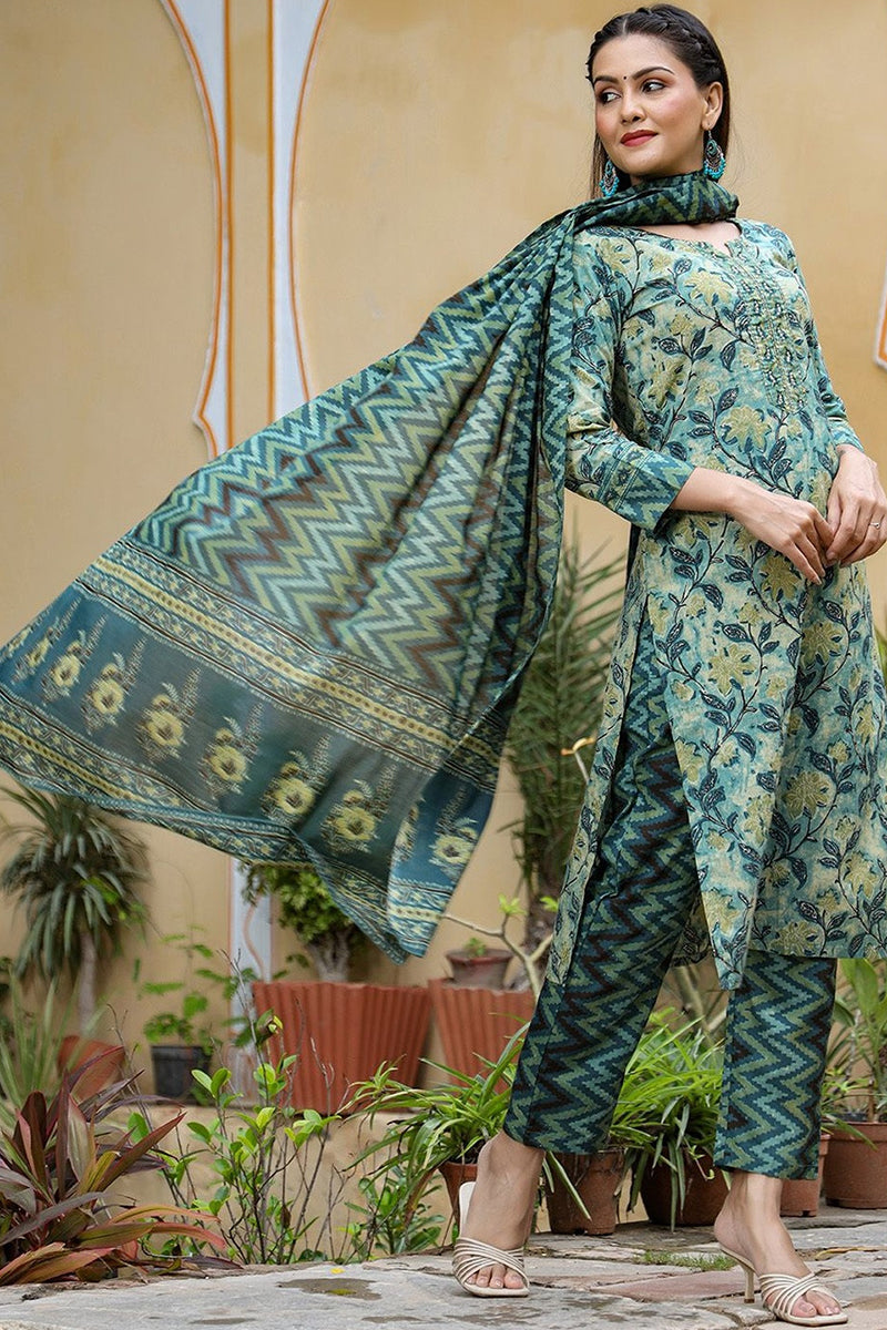Rayon Blend Teal Ethnic Motifs Printed Straight Kurta Palazzo Dupatta Set