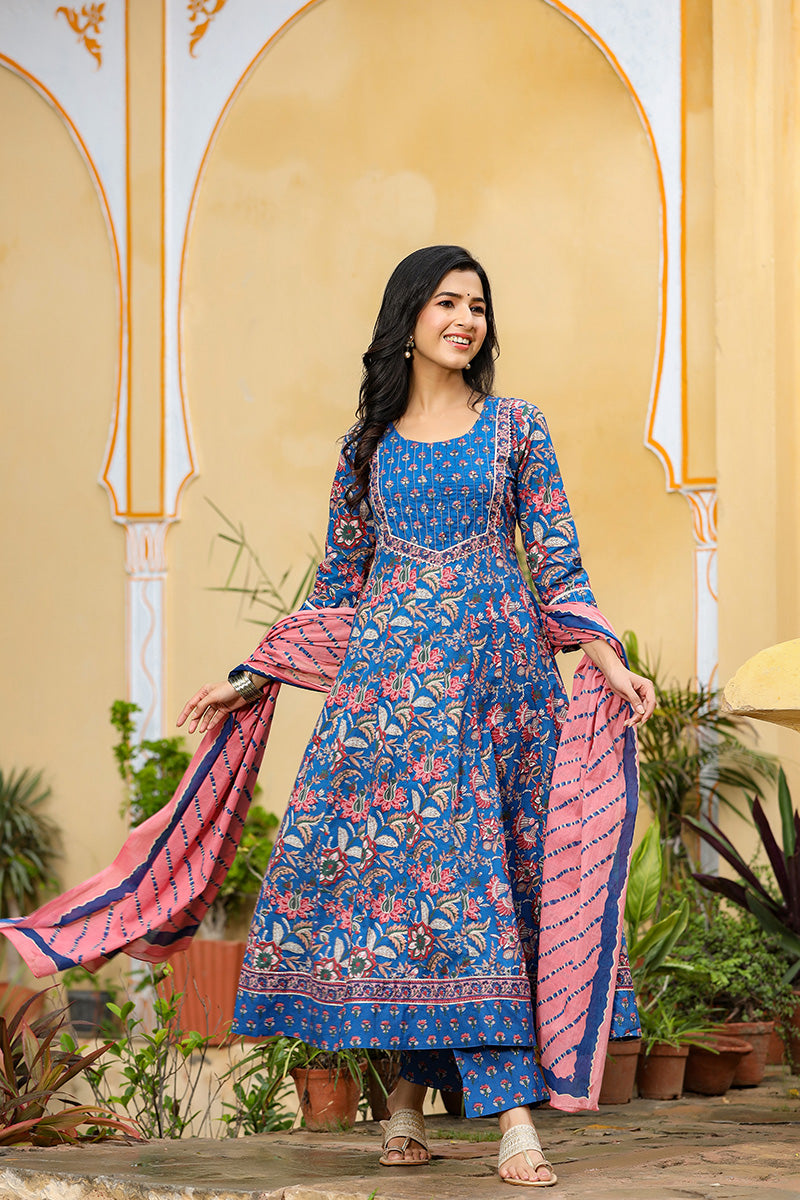 Blue Rayon Blend Anarkali Suit Set
