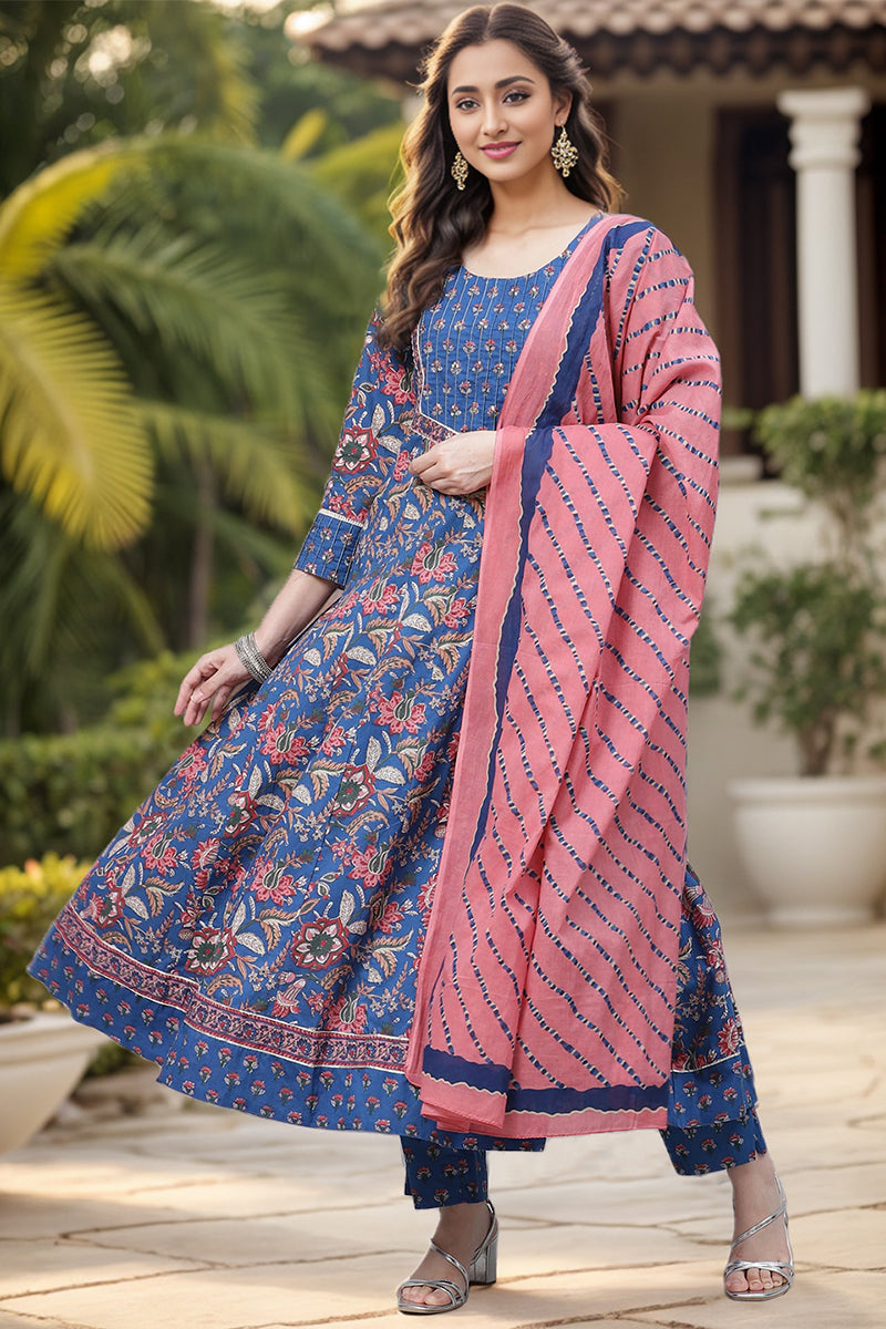 Blue Rayon Blend Anarkali Suit Set