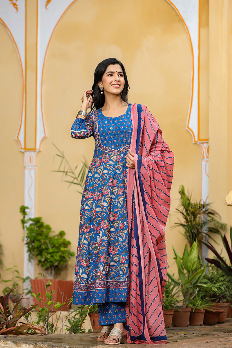 Blue Rayon Blend Anarkali Suit Set