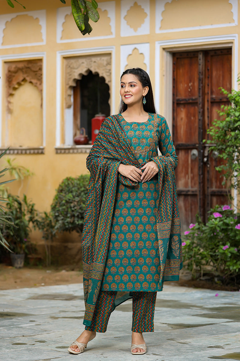 Teal Green Rayon Blend Straight Suit Set
