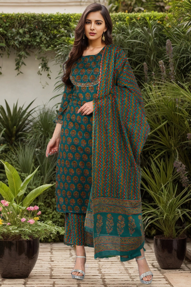 Teal Green Rayon Blend Straight Suit Set