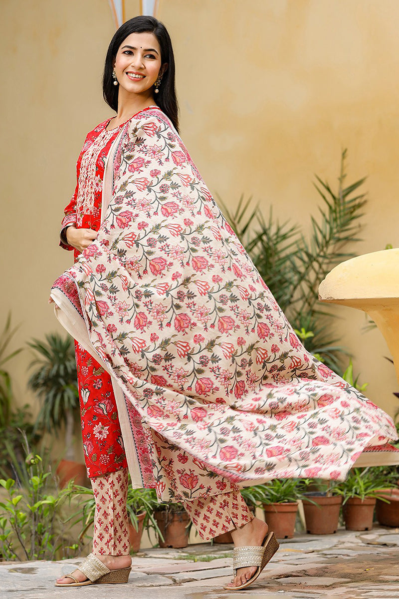 Red Rayon Blend Floral Printed Suit Set