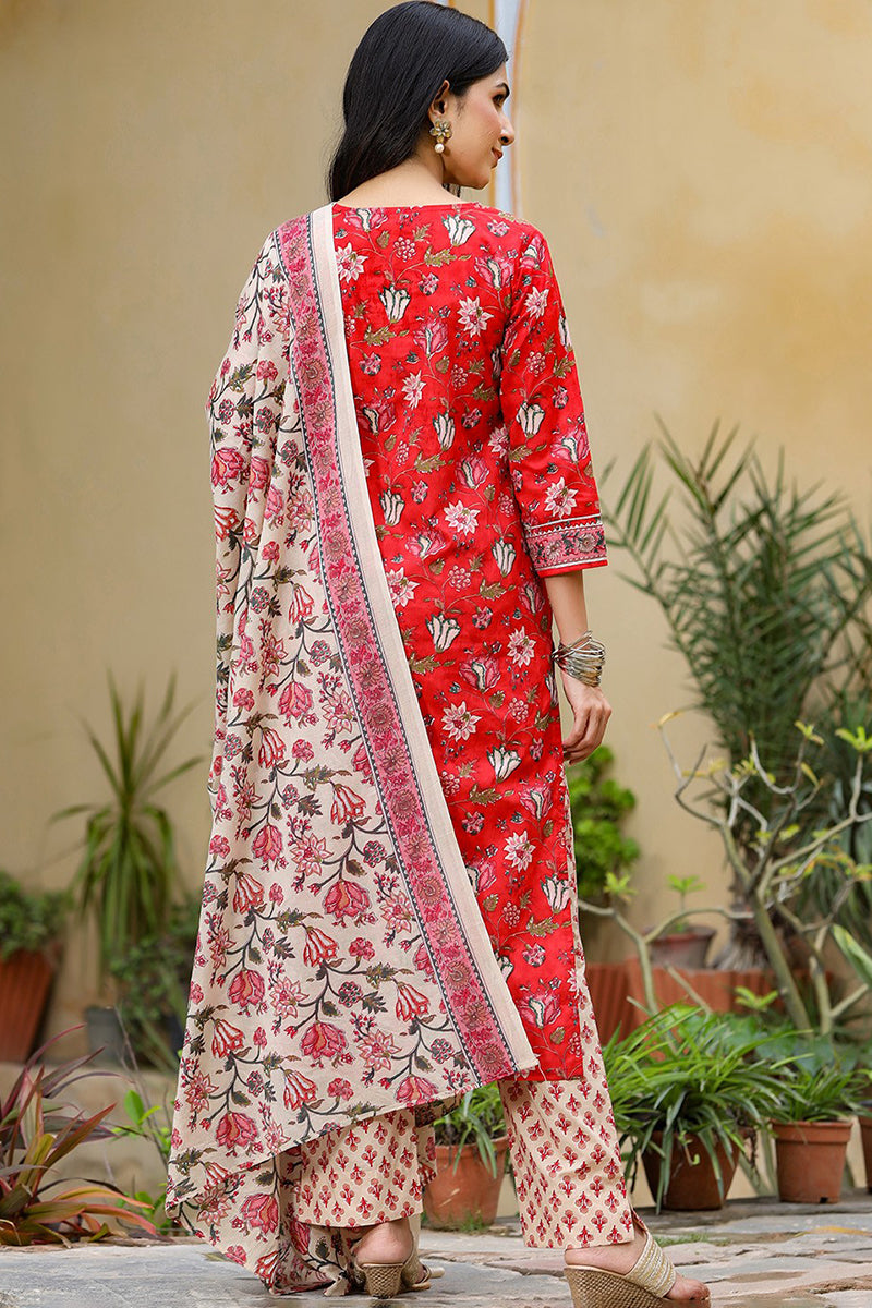 Red Rayon Blend Floral Printed Suit Set