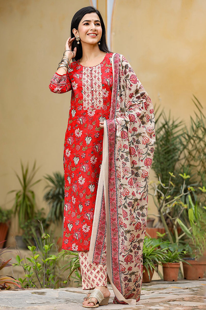 Red Rayon Blend Floral Printed Suit Set