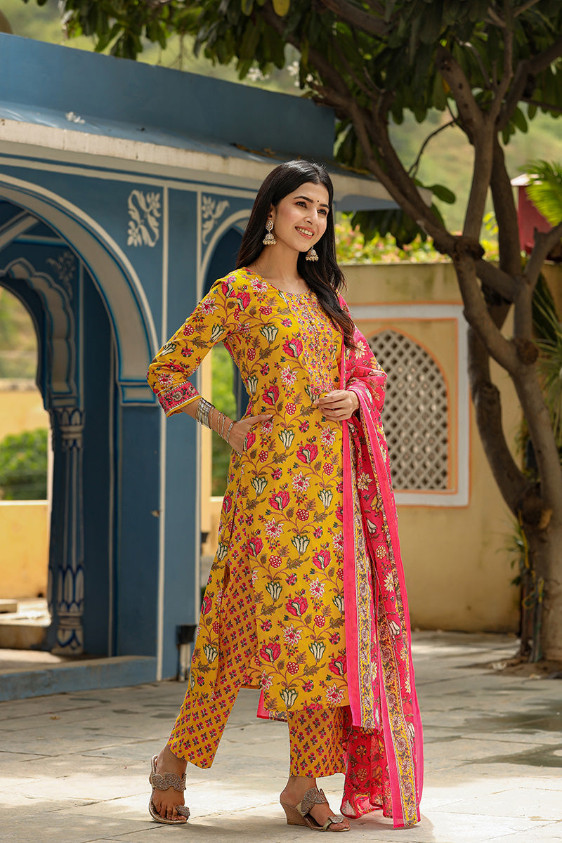 Mustard Rayon Blend Floral Print Suit Set