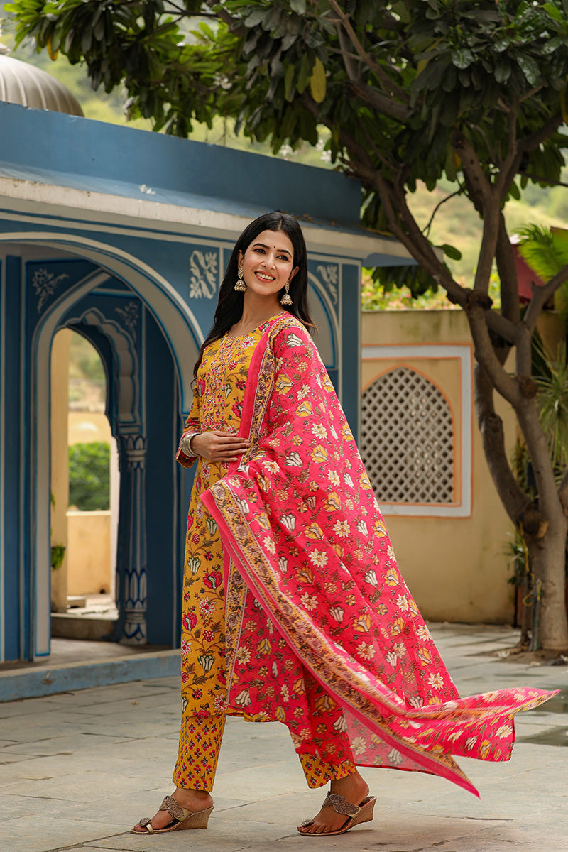 Mustard Rayon Blend Floral Print Suit Set