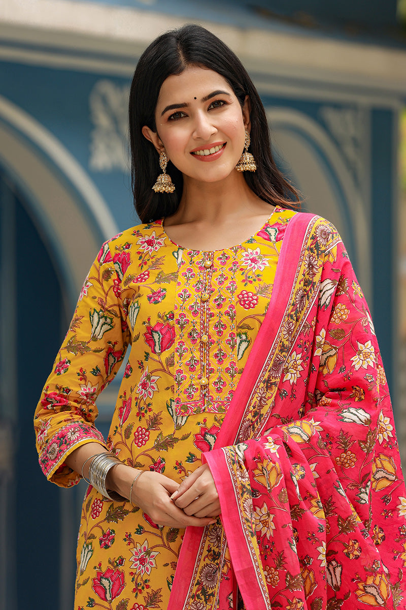 Mustard Rayon Blend Floral Print Suit Set