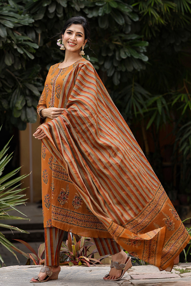 Mustard Rayon Blend Straight Suit Set
