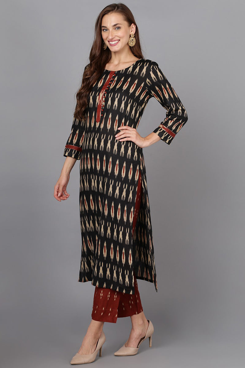 Black Ethnic Motifs Printed Panelled Rayon Blend Kurta