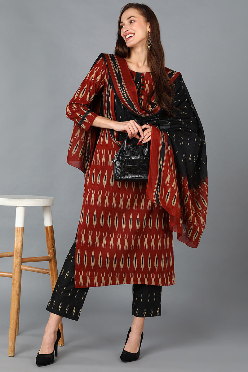 Brown Rayon Blend Straight Kurta Pant With Dupatta