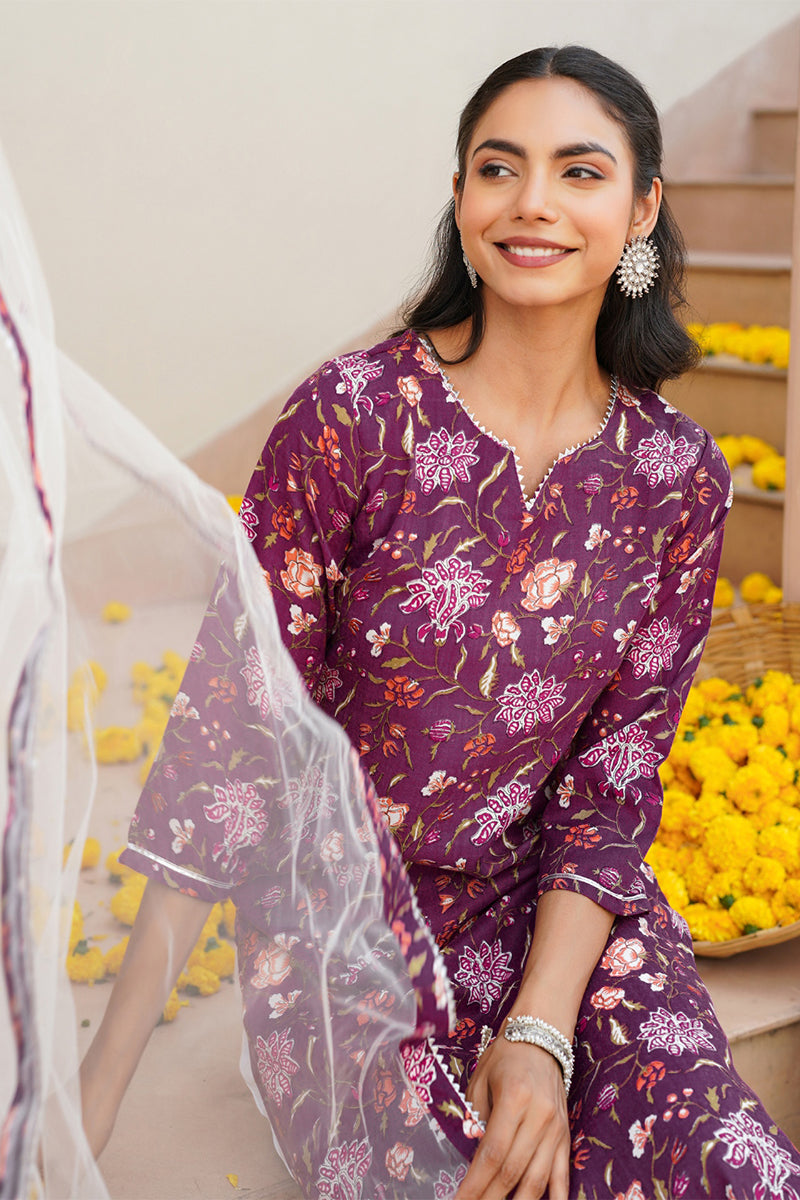 Purple Rayon Blend Floral Straight Kurta Pant With Dupatta