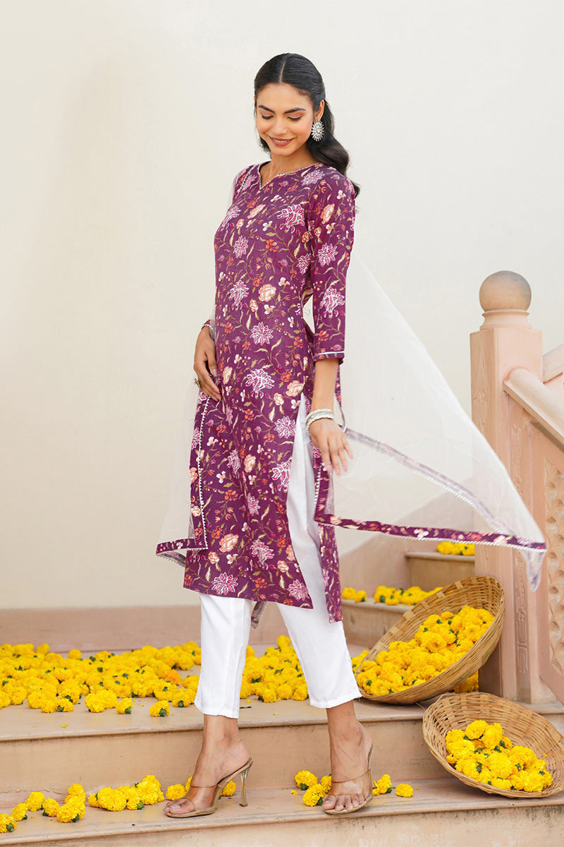 Purple Rayon Blend Floral Straight Kurta Pant With Dupatta