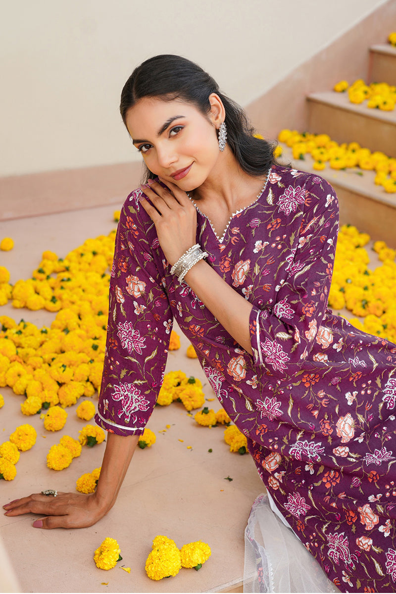 Purple Rayon Blend Floral Straight Kurta Pant With Dupatta