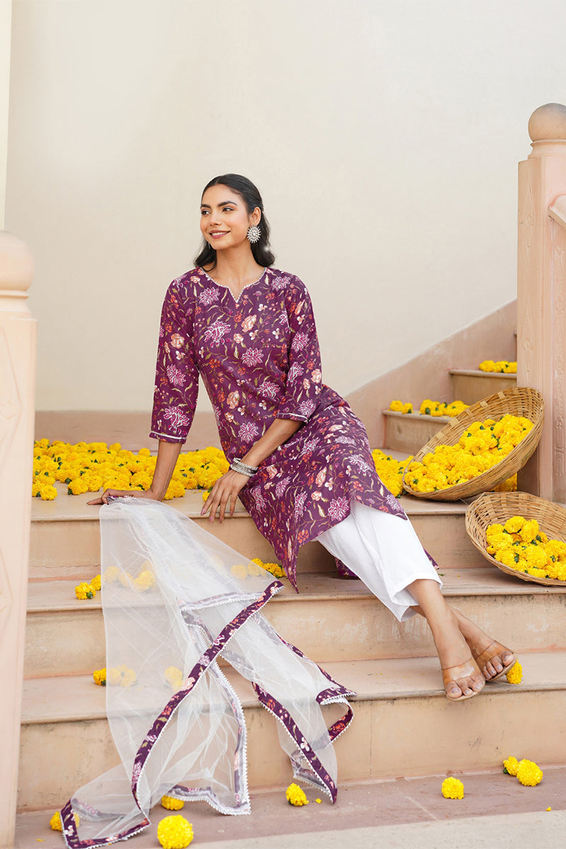 Purple Rayon Blend Floral Straight Kurta Pant With Dupatta
