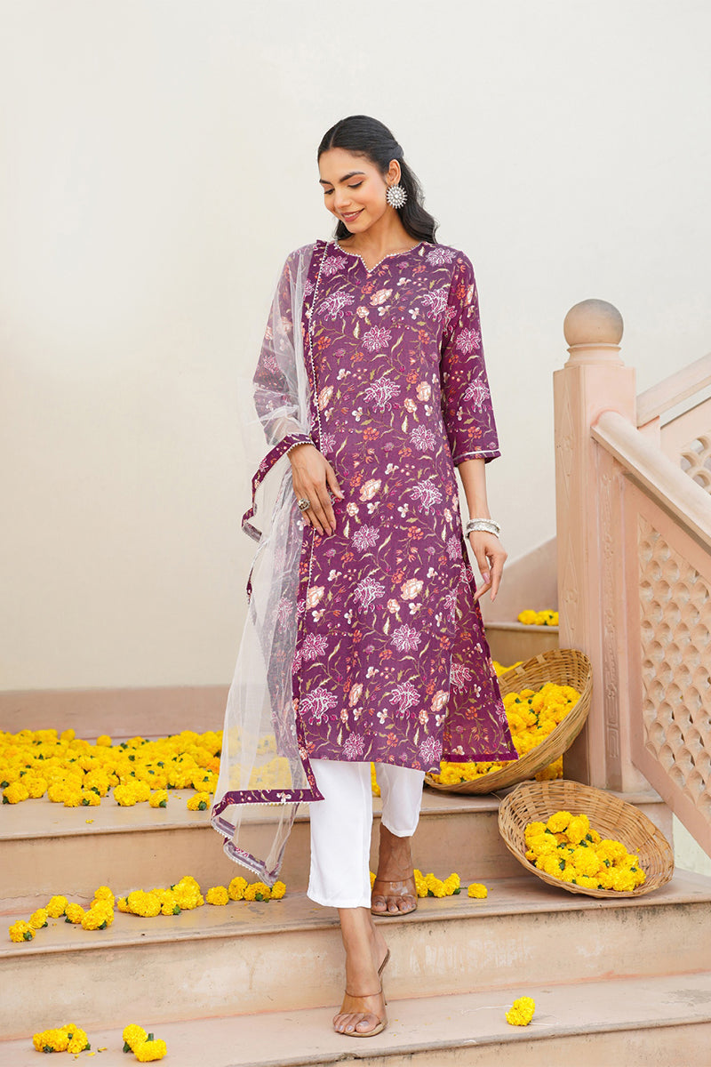 Purple Rayon Blend Floral Straight Kurta Pant With Dupatta