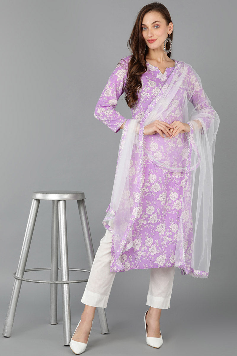 Purple Rayon blend Floral Straight Kurta Pant With Dupatta