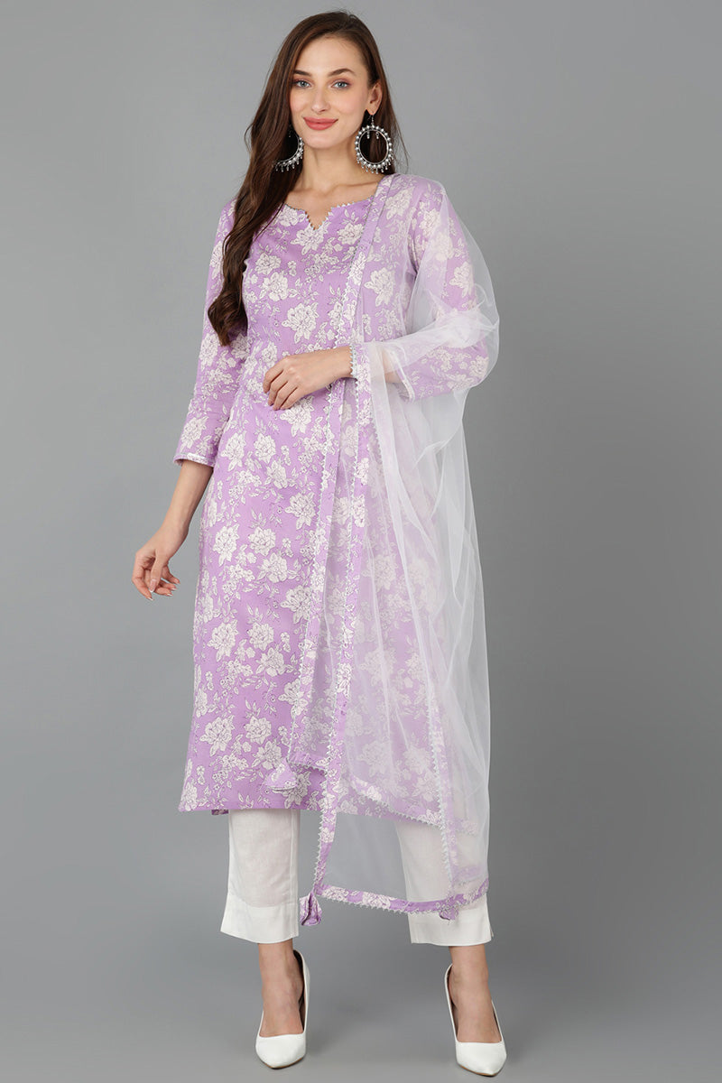 Purple Rayon blend Floral Straight Kurta Pant With Dupatta