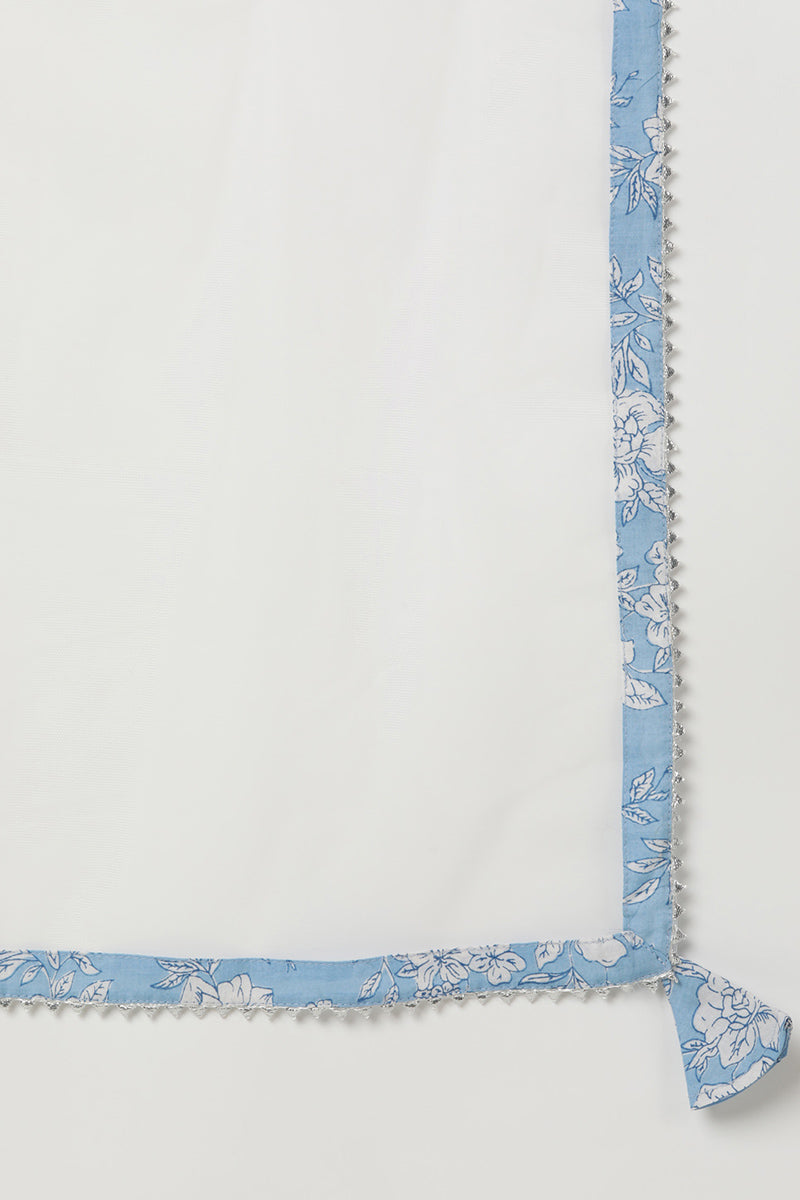 Blue Rayon Blend Floral Straight Kurta Pant With Dupatta