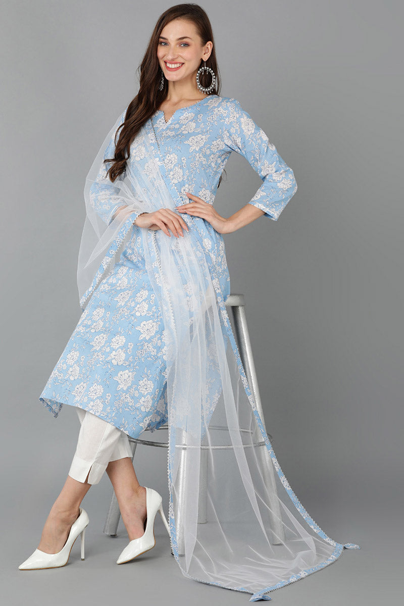 Blue Rayon Blend Floral Straight Kurta Pant With Dupatta