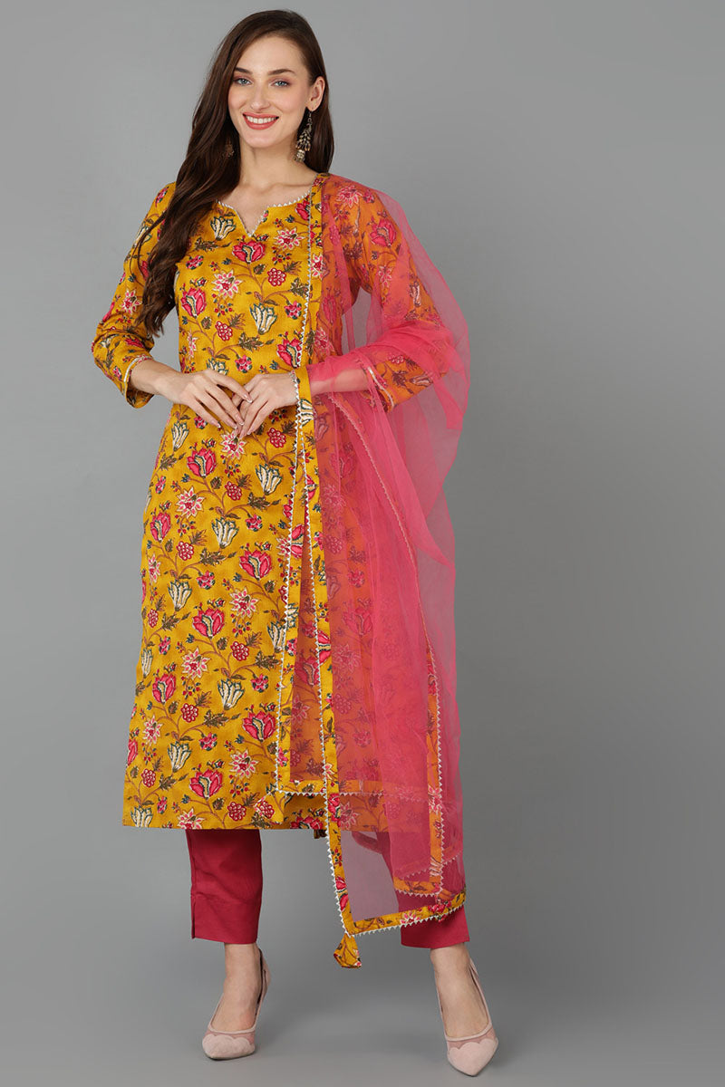 Mustard Rayon Blend Floral Straight Kurta Pant With Dupatta