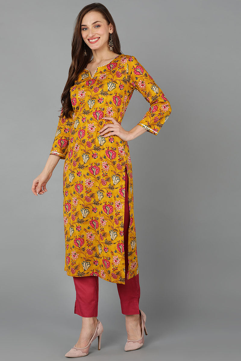 Mustard Rayon Blend Floral Straight Kurta Pant With Dupatta