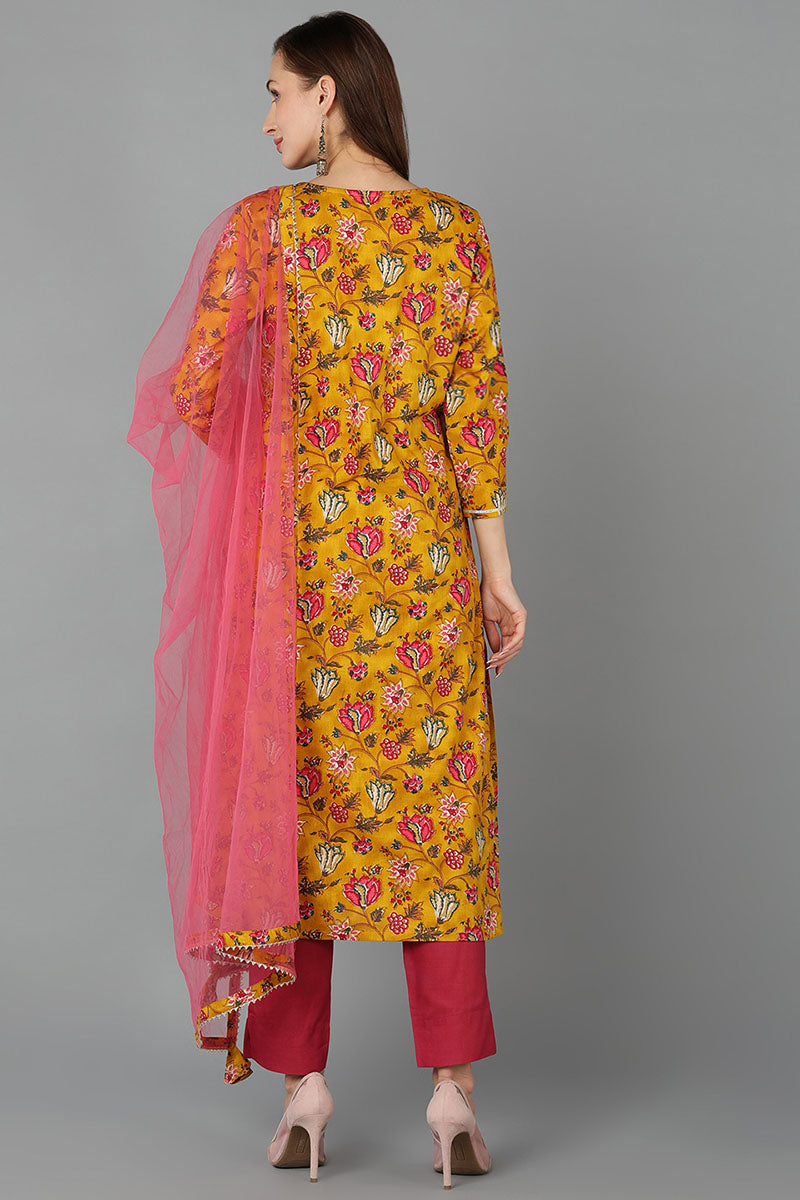 Mustard Rayon Blend Floral Straight Kurta Pant With Dupatta