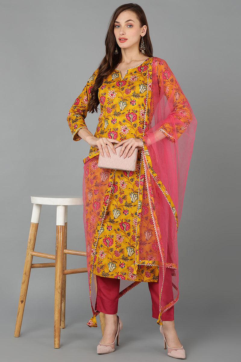 Mustard Rayon Blend Floral Straight Kurta Pant With Dupatta