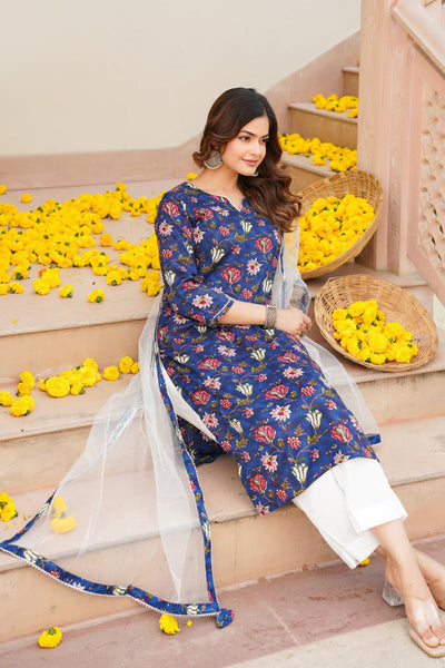 Blue Rayon Blend Printed Kurta Pant With Dupatta