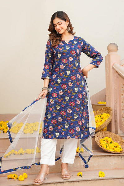 Blue Rayon Blend Printed Kurta Pant With Dupatta