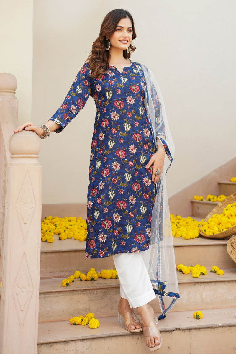 Blue Rayon Blend Printed Kurta Pant With Dupatta