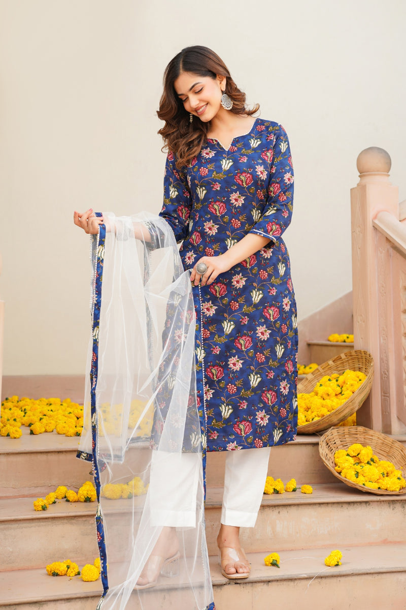 Blue Rayon Blend Printed Kurta Pant With Dupatta