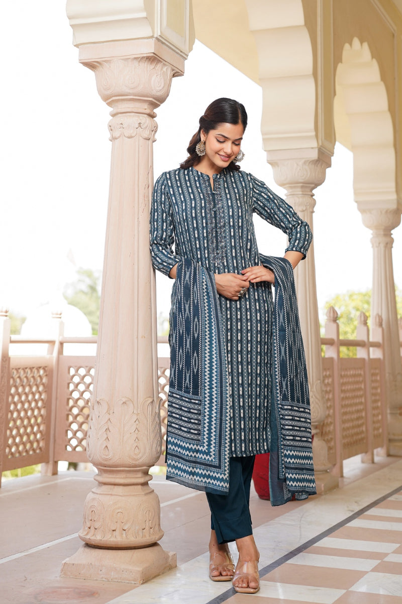 Rayon Blend Teal Straight Kurta Pant With Dupatta