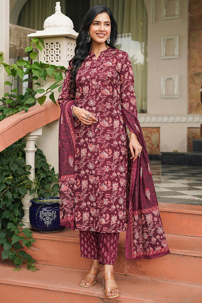 Maroon Rayon Blend Floral Printed Straight Suit Set